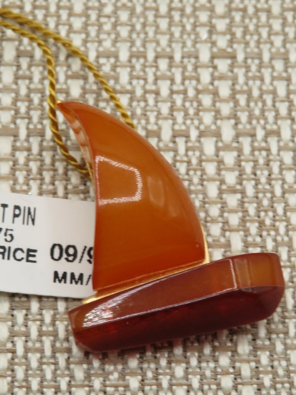 Vintage Russian Amber Sailboat Gold Tone Brooch